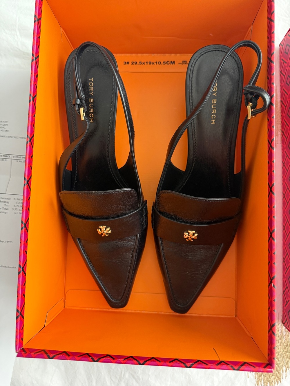Tory Burch Black Leather Pointed Slingback Heels with Gold Logo Size 7.5